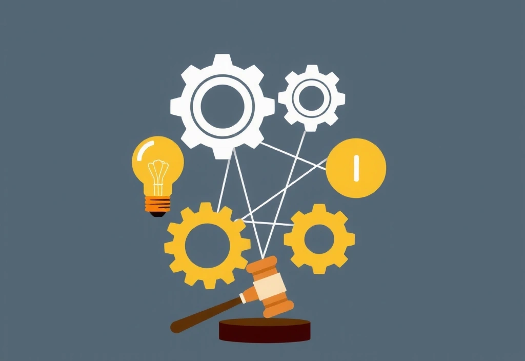 Abstract representation of intellectual property with gears and legal symbols
