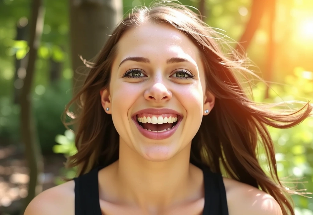 Jeune femme pleine d'énergie et souriante, symbolisant la vitalité et la bonne santé.